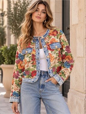 J31. Floral Denim-Trim Jacket